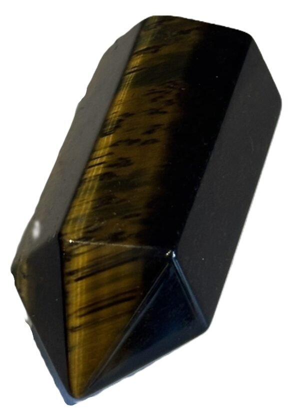 Natural blue and gold tigers eye crystal point tower1 sians emporium Polished dual tone blue and gold tigers eye crystal point standing upright showing golden chatoyant bands and dark blue black tones on a white background
